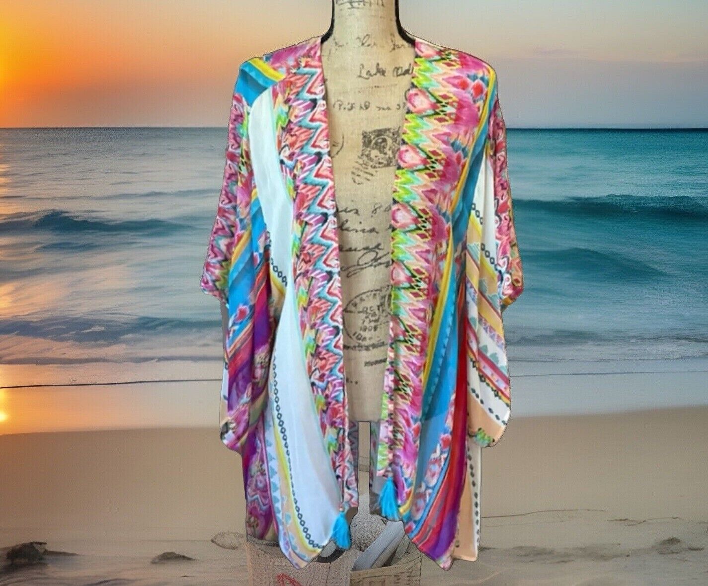 Johnny Was Silky Kimono Wrap Cardigan Sz L Large Pink White Blue