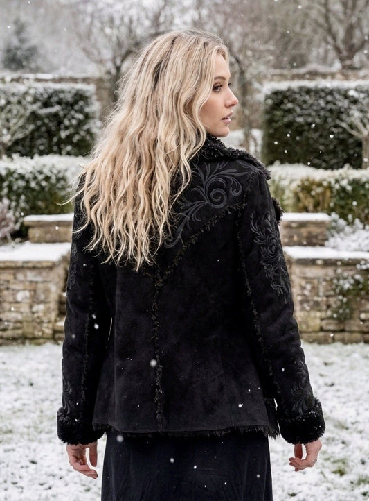 Johnny Was M Black Sherpa Fur & Faux Suede Coat Jacket Wrap Pockets Western Johnny Was