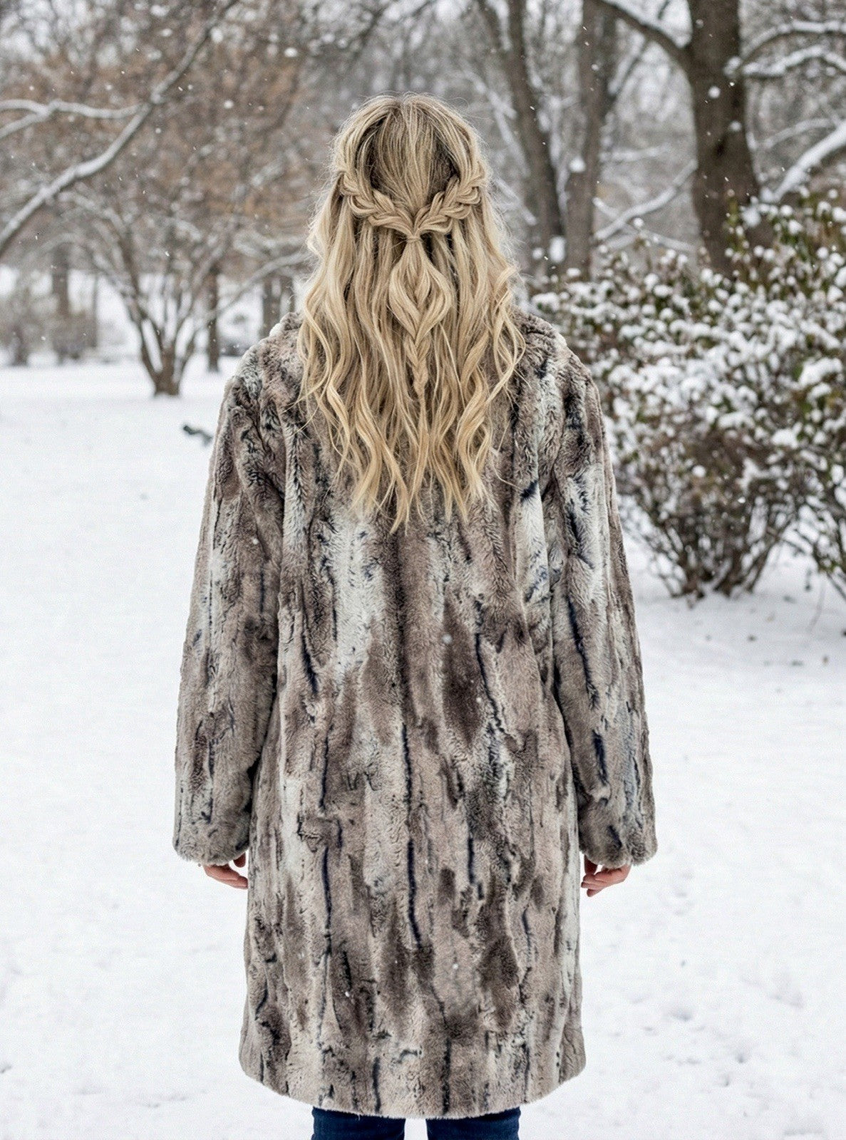 Johnny Was M Foxy Faux Fur Coat Jacket Wrap 100% Silk Lining Pockets Grey Brown Johnny Was