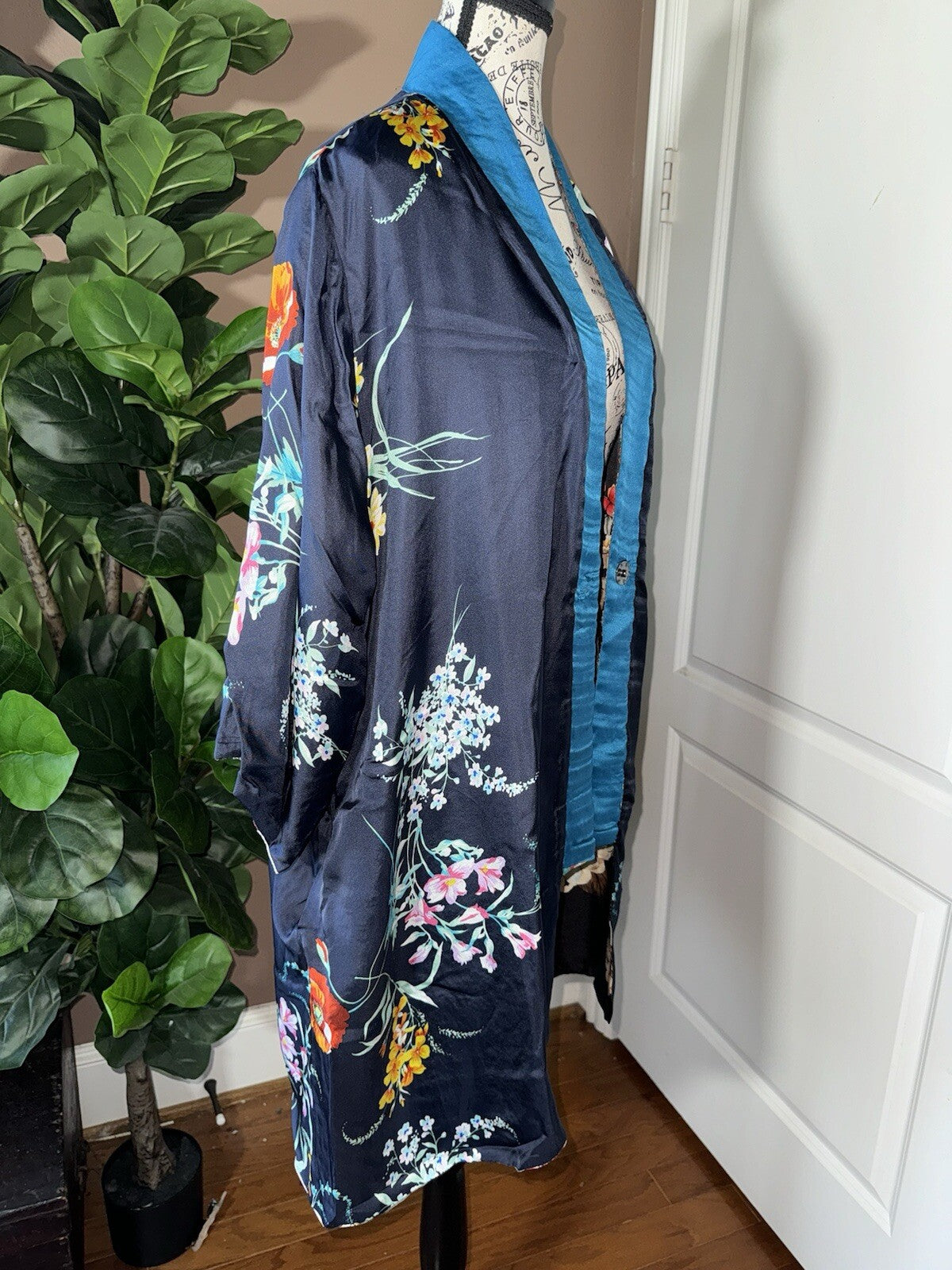 Johnny Was L 100% Silk Kimono Duster REVERSIBLE Embroidered Cardigan Wrap Johnny Was