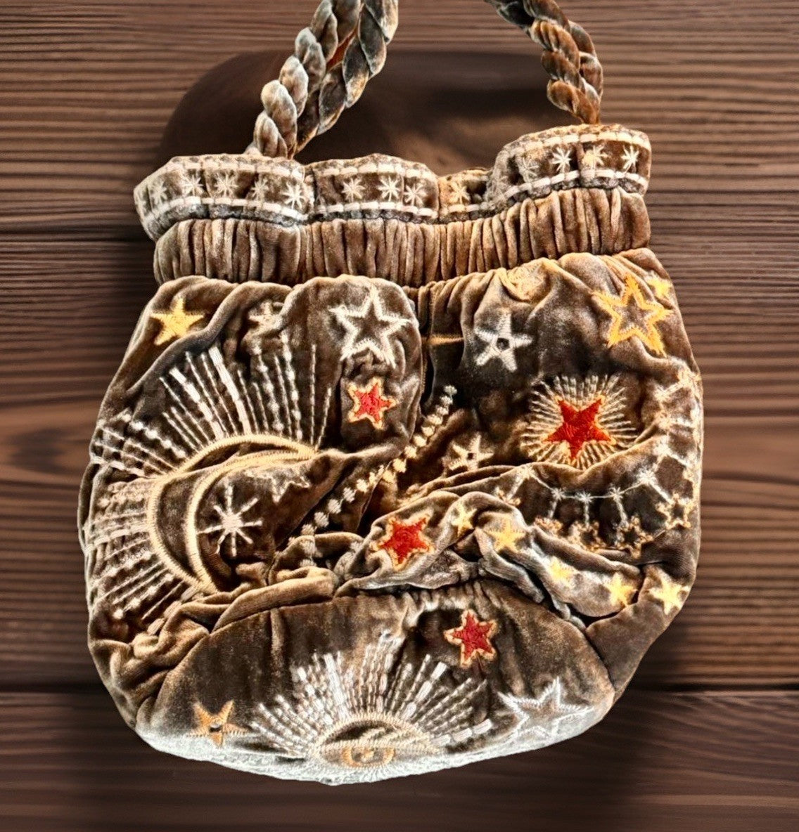 Johnny Was Brown Velvet Bucket Bag Purse Tote Embroidered Celestial Johnny Was