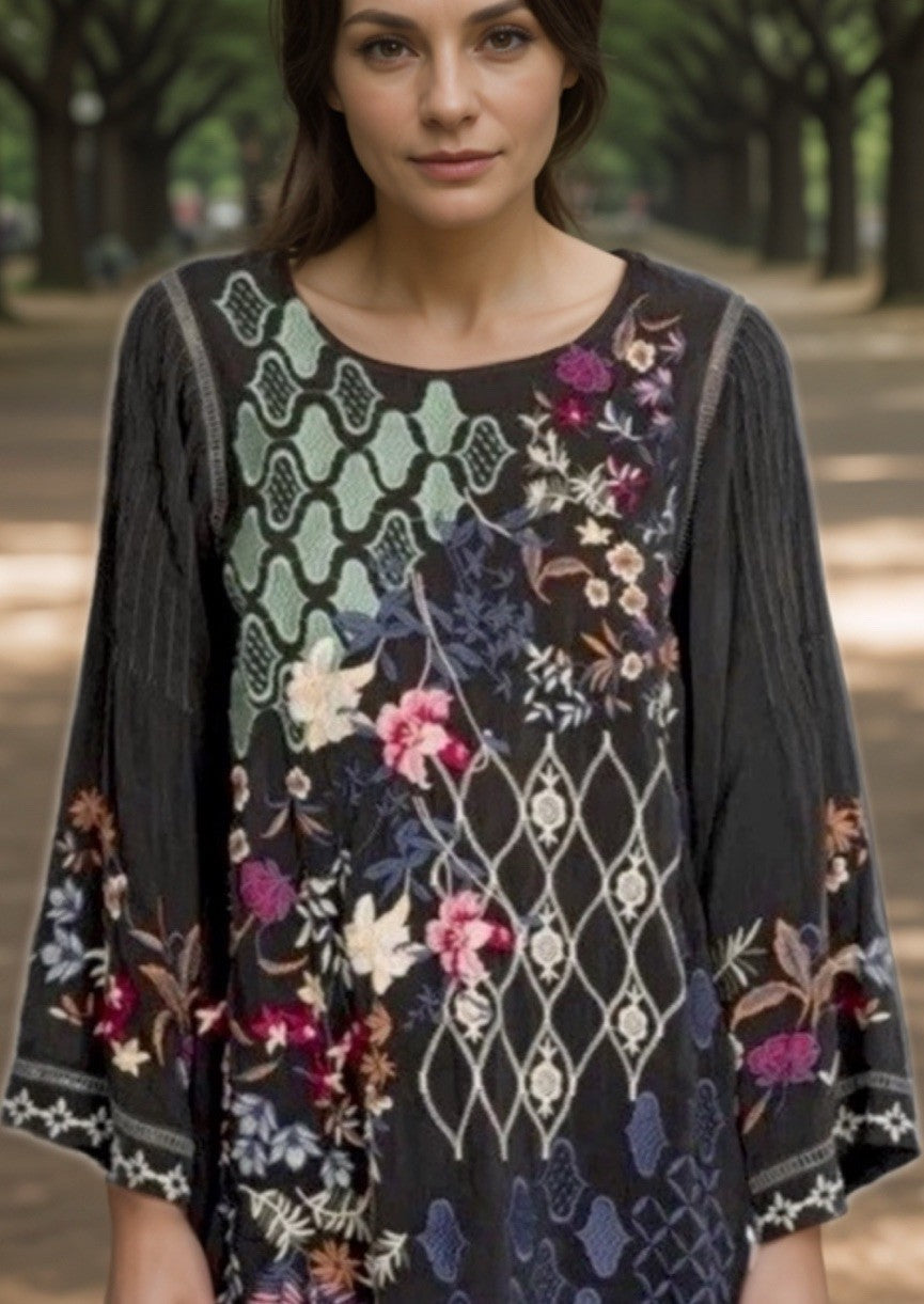 Johnny Was L Black Embroidered Blouse Tunic Top Mini Dress Kimono Sleeve Shirt Johnny Was