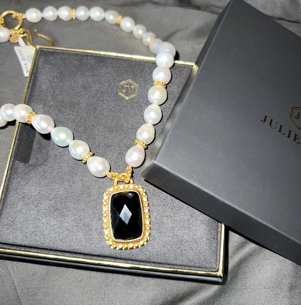 Julie Vos Freshwater Pearl & Obsidian 24k Gold Plate Statement Necklace WOW! Julie Vos