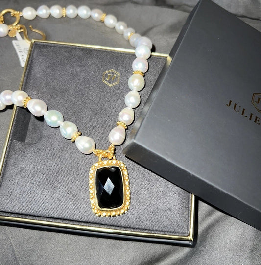 Julie Vos Freshwater Pearl & Obsidian 24k Gold Plate Statement Necklace WOW! Julie Vos