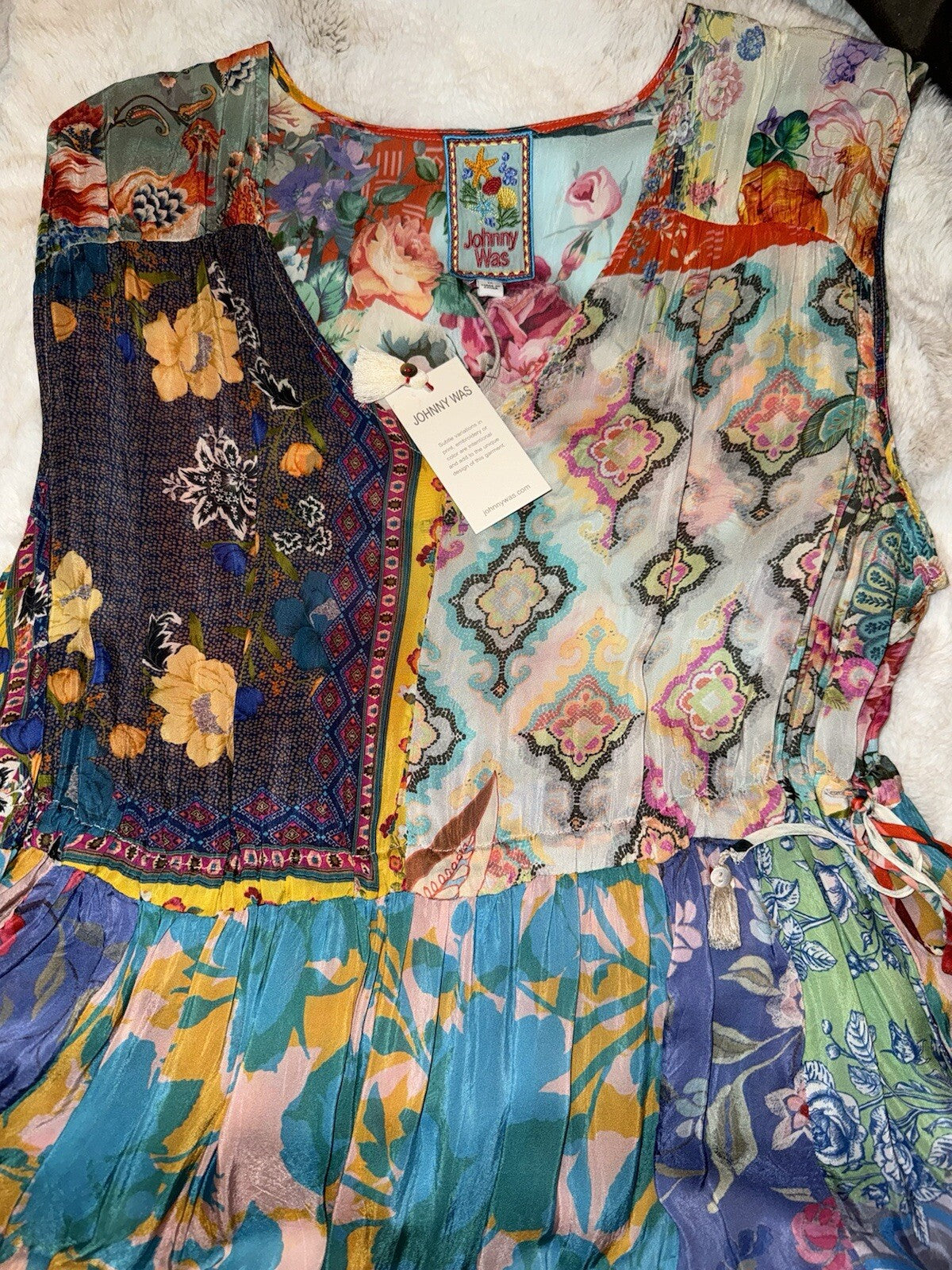 Johnny Was 1XL 1X Maxi Dress Sleeveless Patchwork Floral Pattern Tassel BOHO Johnny Was
