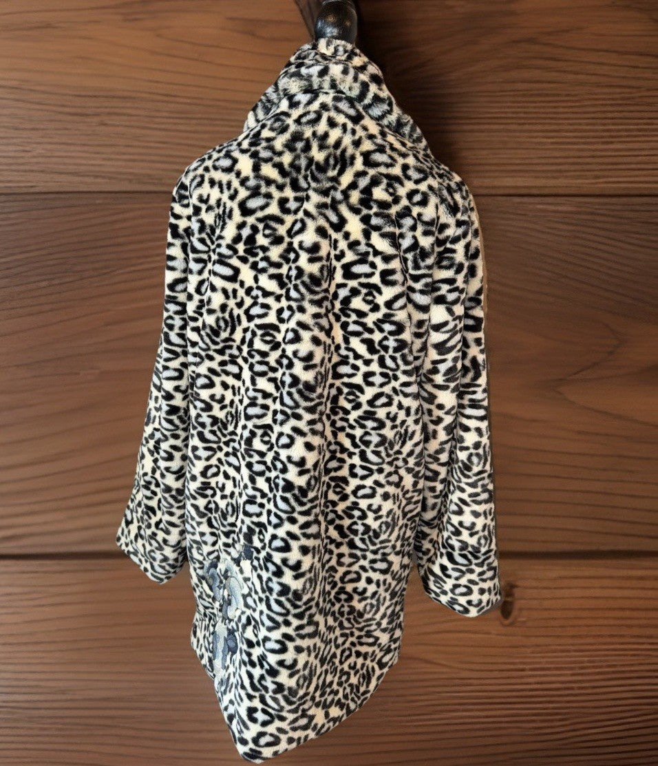 Johnny Was S Soft Blue & White Leopard Faux Fur Coat Jacket Wrap Silk Lining Johnny Was