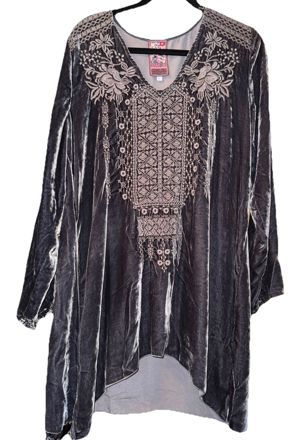 Johnny Was L Large Grey Velvet Tunic Top Blouse  Tonal Embroidery Shirt Johnny Was