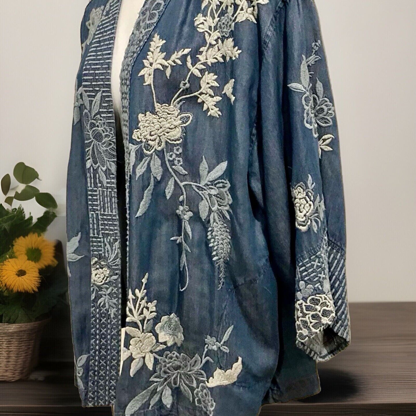 Johnny Was 3X 3XL Denim Kimono Embroidered Jacket Cardigan Wrap Coat Boho