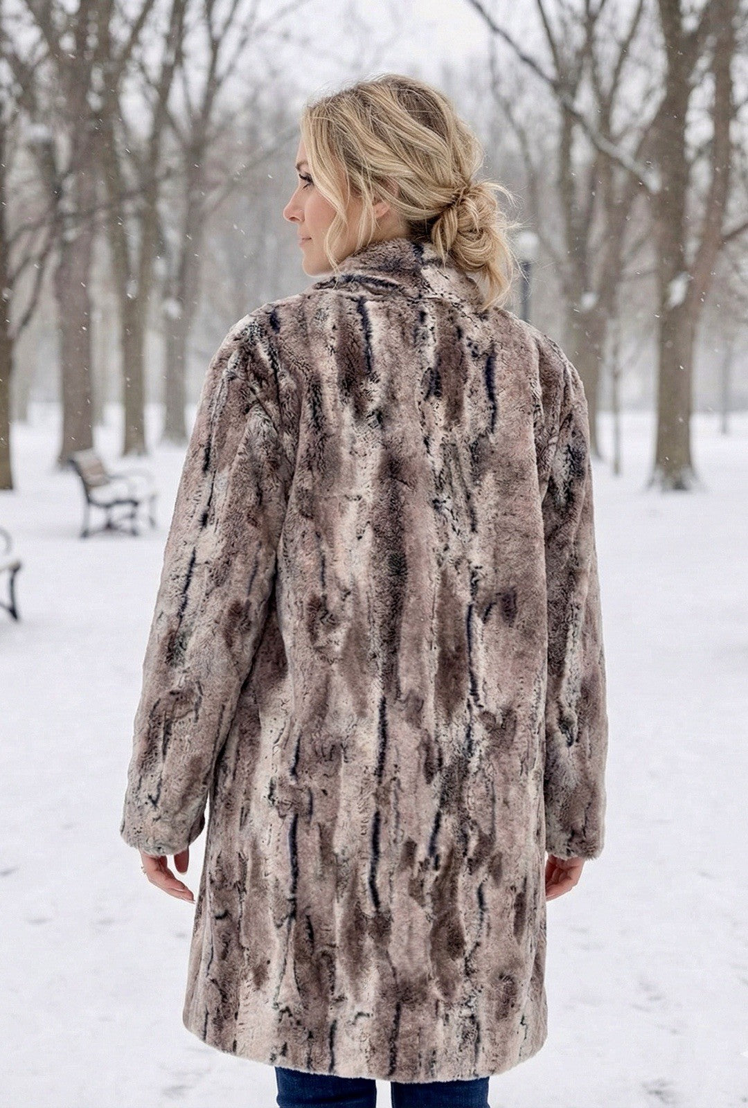 Johnny Was M Foxy Faux Fur Coat Jacket Wrap 100% Silk Lining Pockets Grey Brown Johnny Was