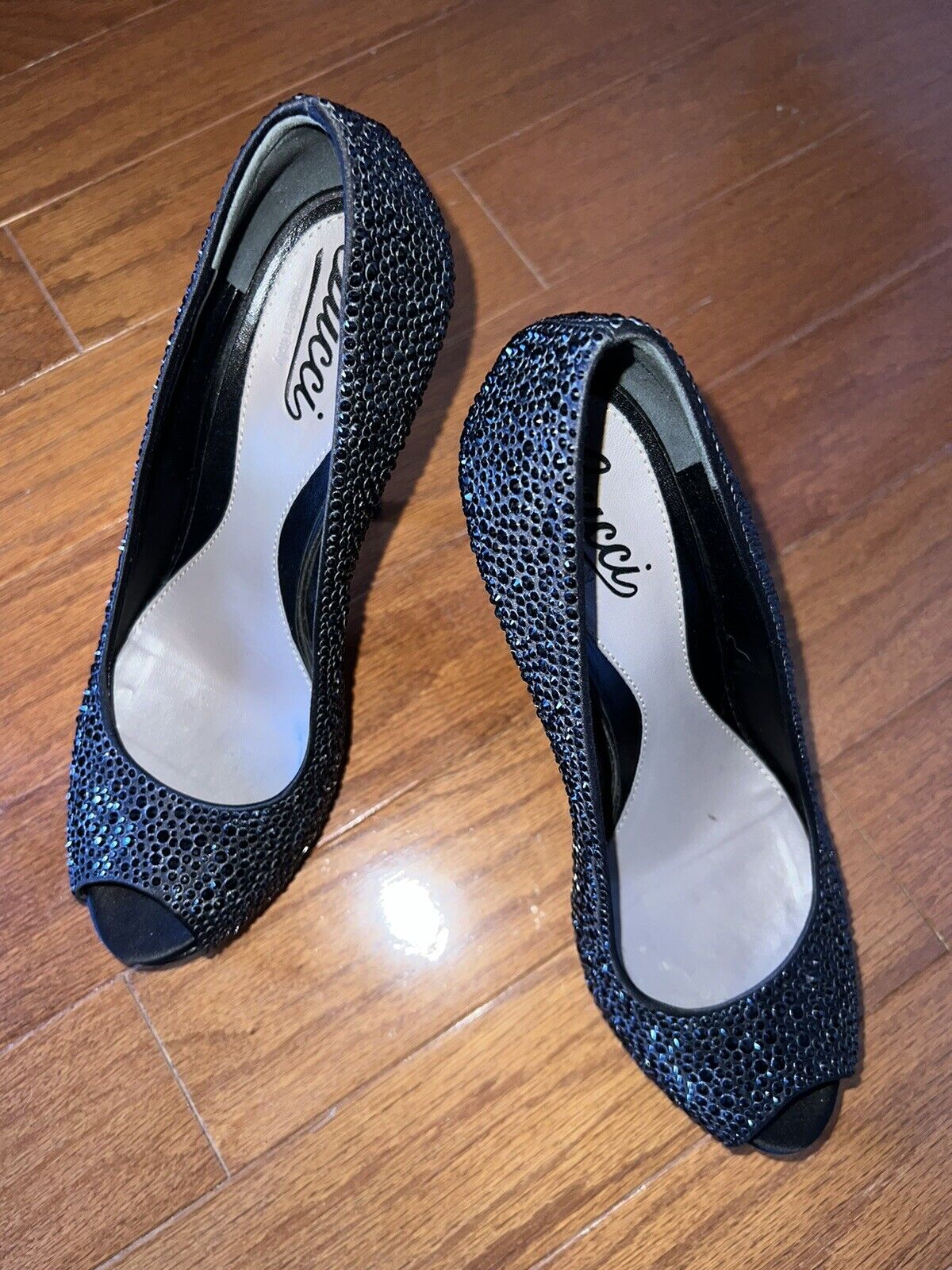 GUCCI Size 9 Black Crystal ETOILE SOFIA Open Toe Heels Pumps Shoes 39 !!!