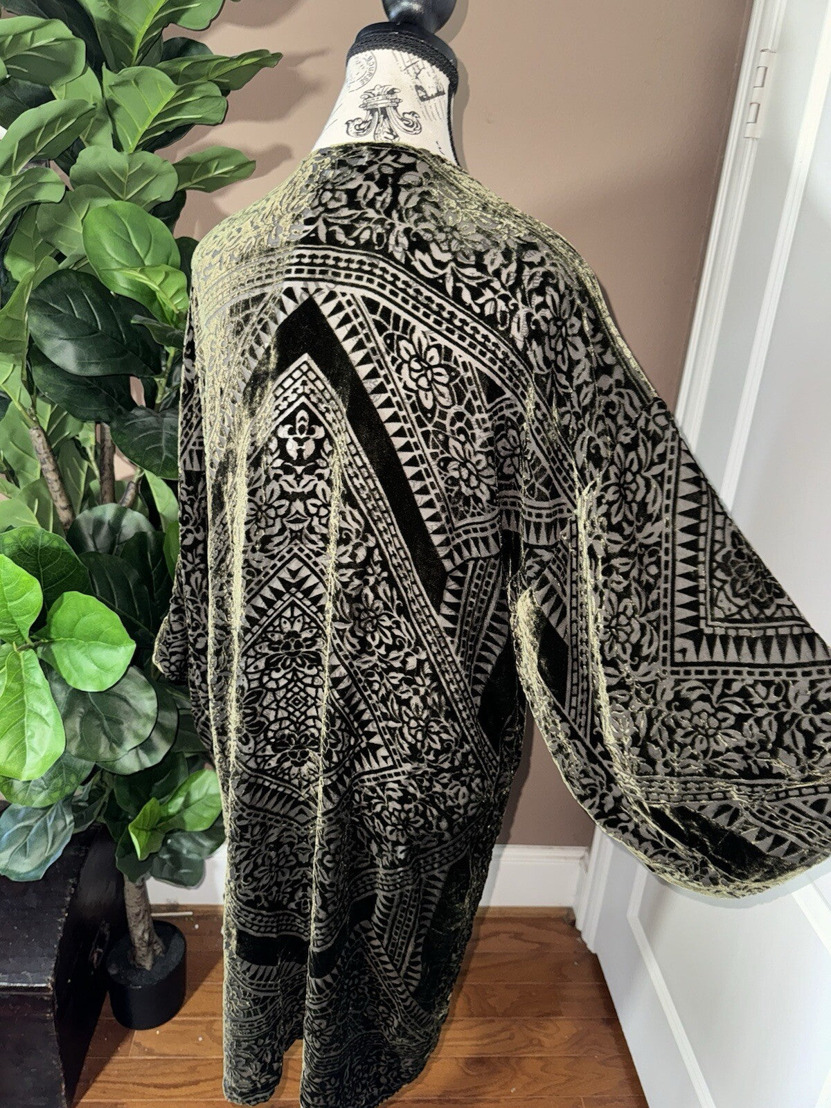 Johnny Was XL Deep Green Burnout Velvet Long Kimono Duster Wrap Jacket Coat Johnny Was