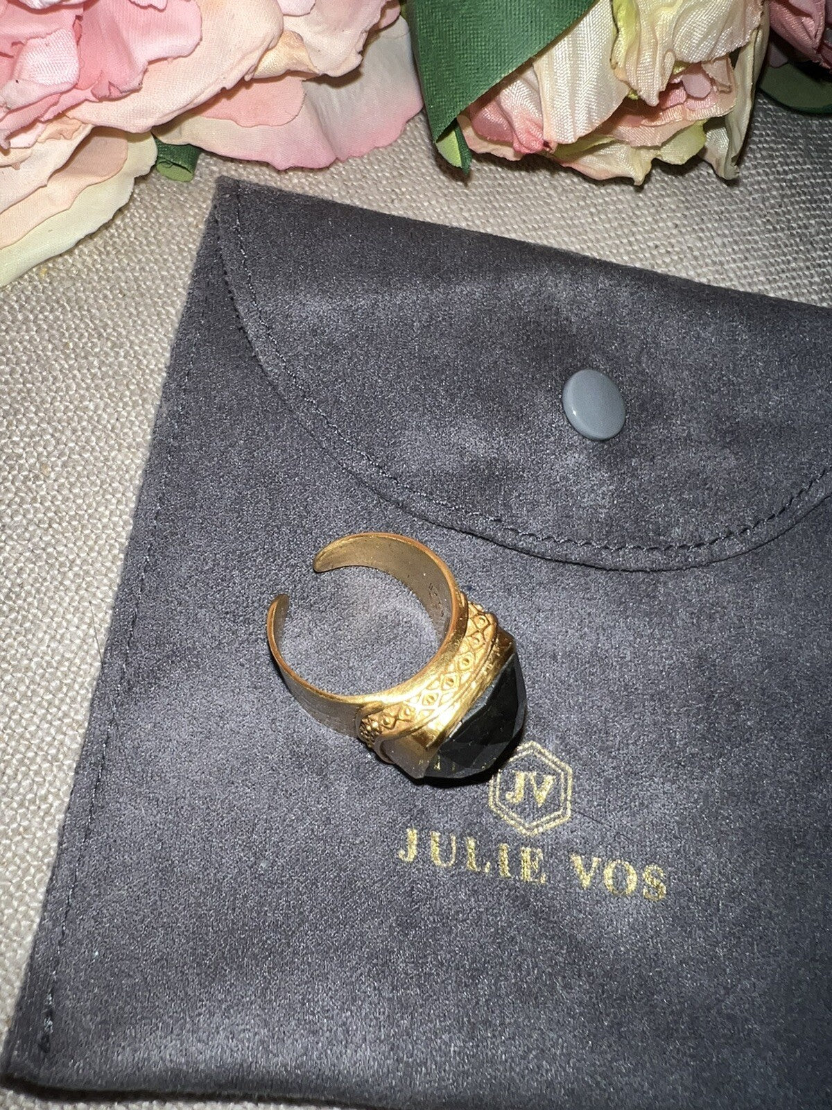 Julie Vos Sz 9 Cuff Ring ADJUSTABLE Real Labradorite & 24k Gold Plated Julie Vos