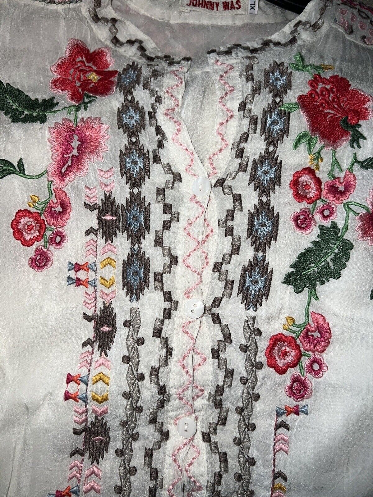 Johnny Was Silky White Embroidered Peasant Blouse Top Tunic XL SUMMER