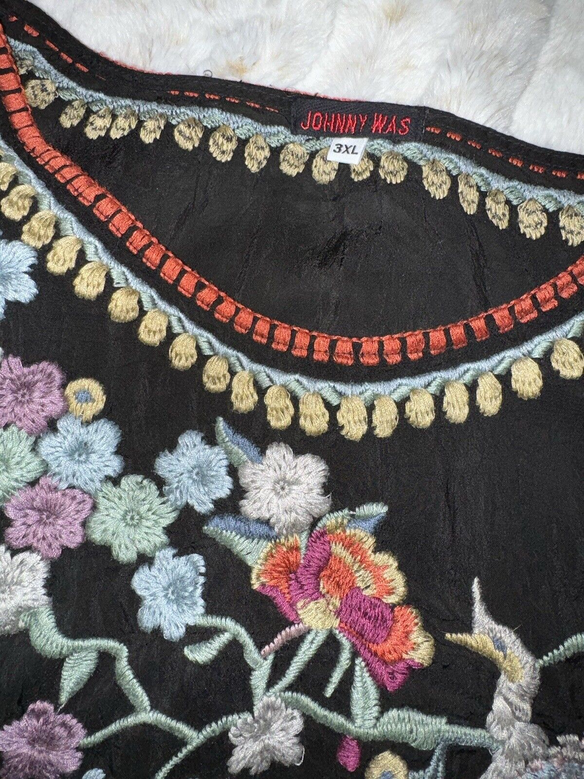 Johnny Was 3X 3XL Black Tunic Top Embroidered Peasant Blouse Floral Shirt