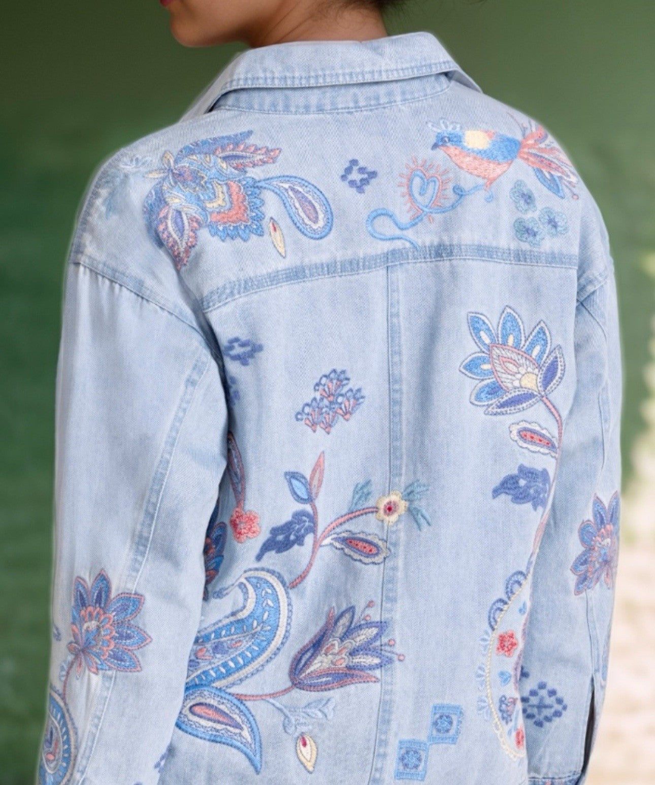 Johnny Was 2X Plus Denim Worker Jacket Coat Embroidered Birds & Paisley Johnny Was