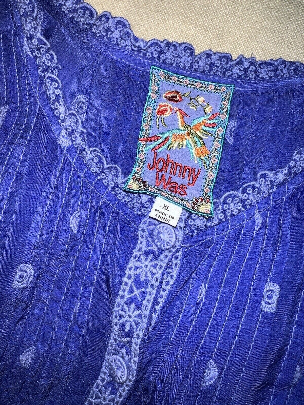 Johnny Was Sz XL Silky Cobalt Blue Tunic Top Embroidered Eyelet Lace Summer