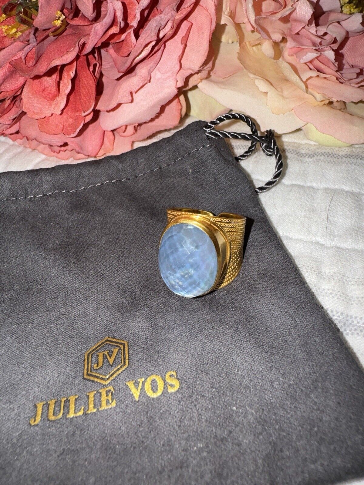 Julie Vos Ring Iridescent Soft Blue & 24k Gold Plate Sz 9 ADJUSTABLE