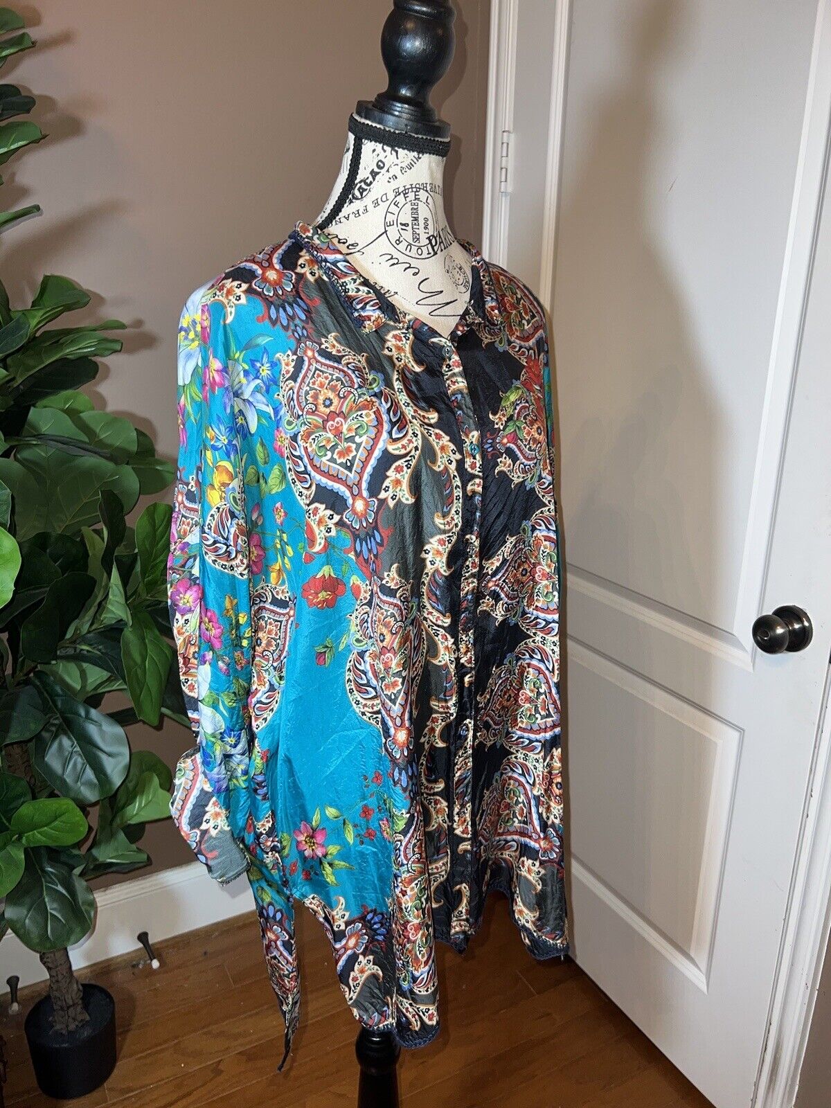 100% Silk Johnny Was Tunic Top XL 1X 1XL Kimono Feel Colorful Spring