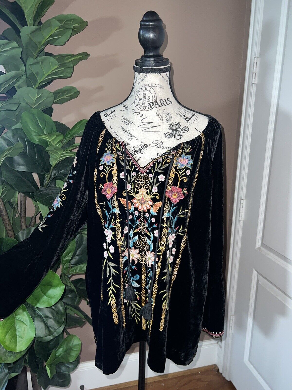 NEW Johnny Was Black Velvet Embroidered Peasant Tunic Top Kimono Sz XL 1X NWOT