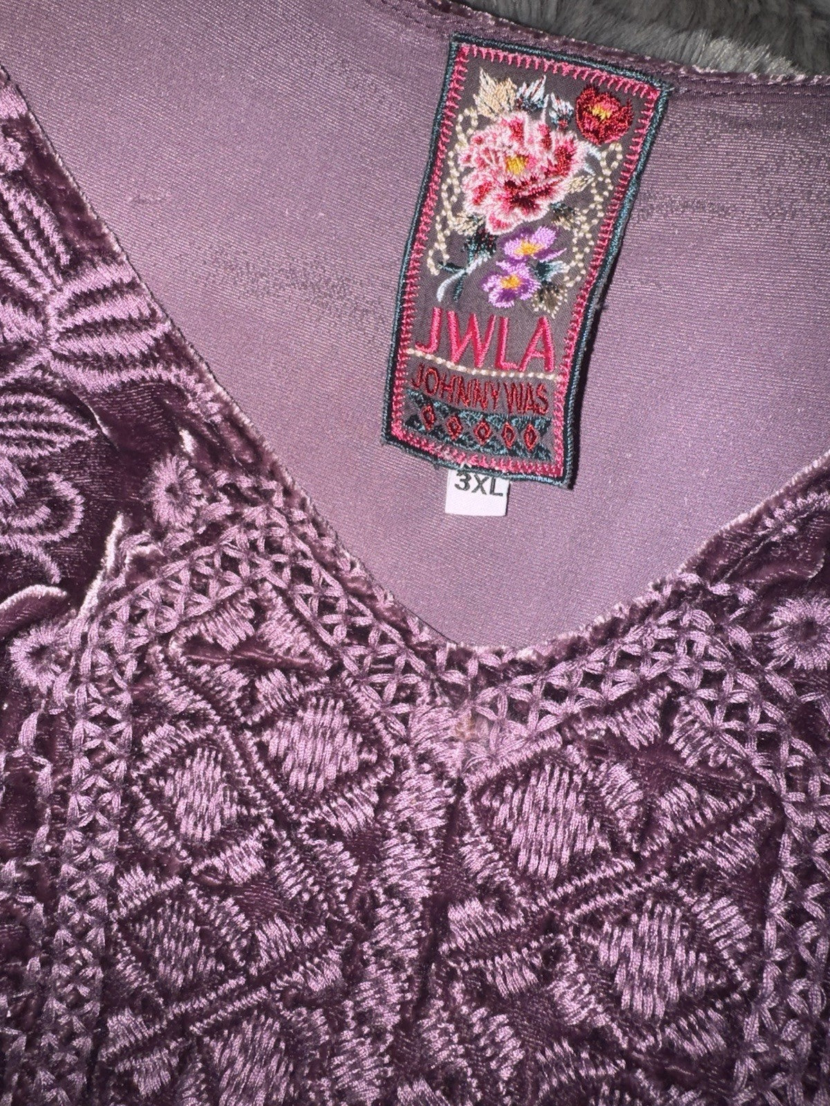Johnny Was 3X Purple Plum Velvet Tunic Top Mini Dress Tonal Embroidery BOHO Johnny Was