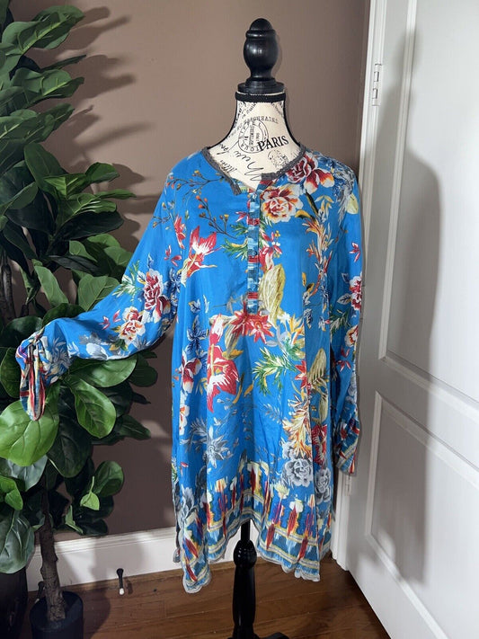 Johnny Was Tropical Blue 100% Silk Blouse Top Tunic L  Large OVERSIZED