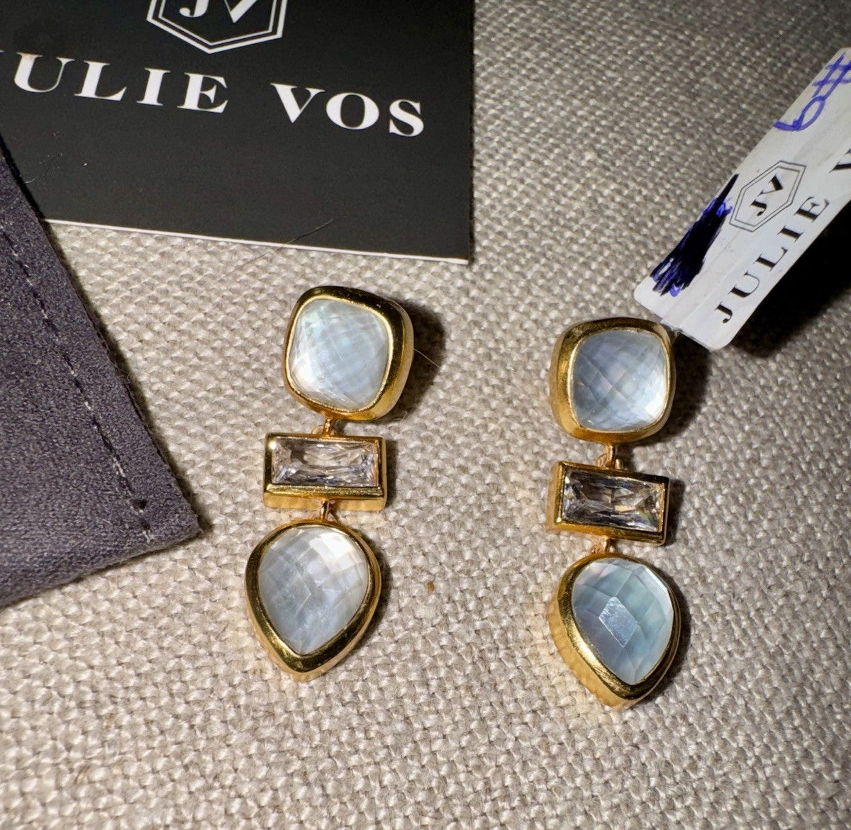 Julie Vos Iridescent Clear White Drop Earrings 24k Gold Plated   STUNNING Julie Vos