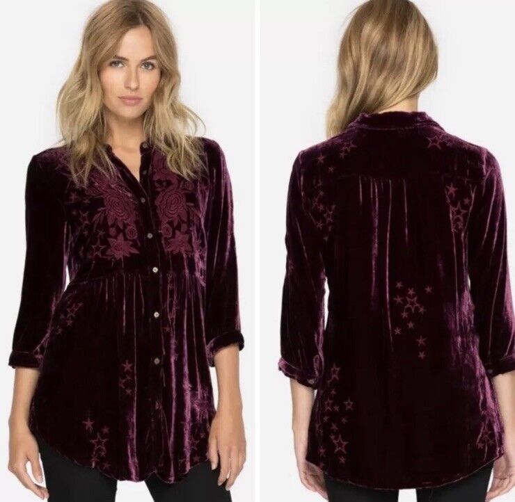 Johnny Was Burgandy Wine Velvet & Embroidered Tunic Top Kimono XL 1X