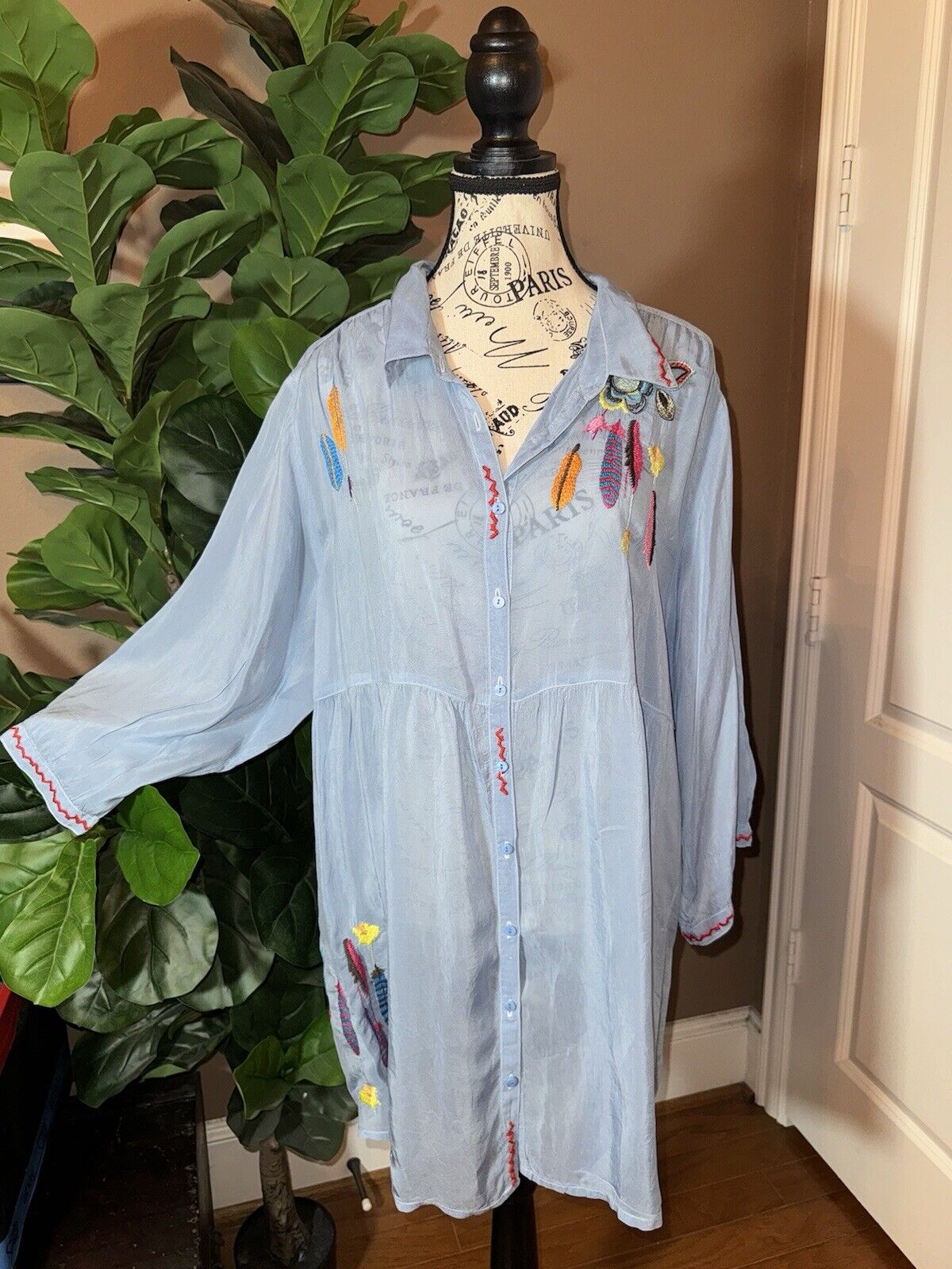 Johnny Was XL Soft Blue Babydoll Mini Dress Peplum Tunic Top Embroidered