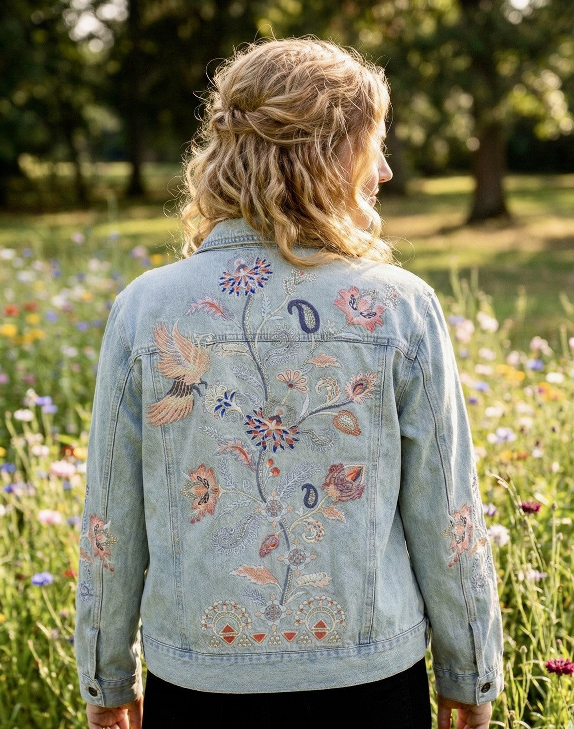 Johnny Was XL Denim Jacket Worker Coat Embroidered Phoenix Bird Light Wash Johnny Was