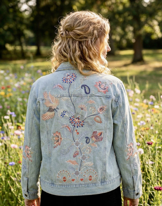 Johnny Was XL Denim Jacket Worker Coat Embroidered Phoenix Bird Light Wash Johnny Was