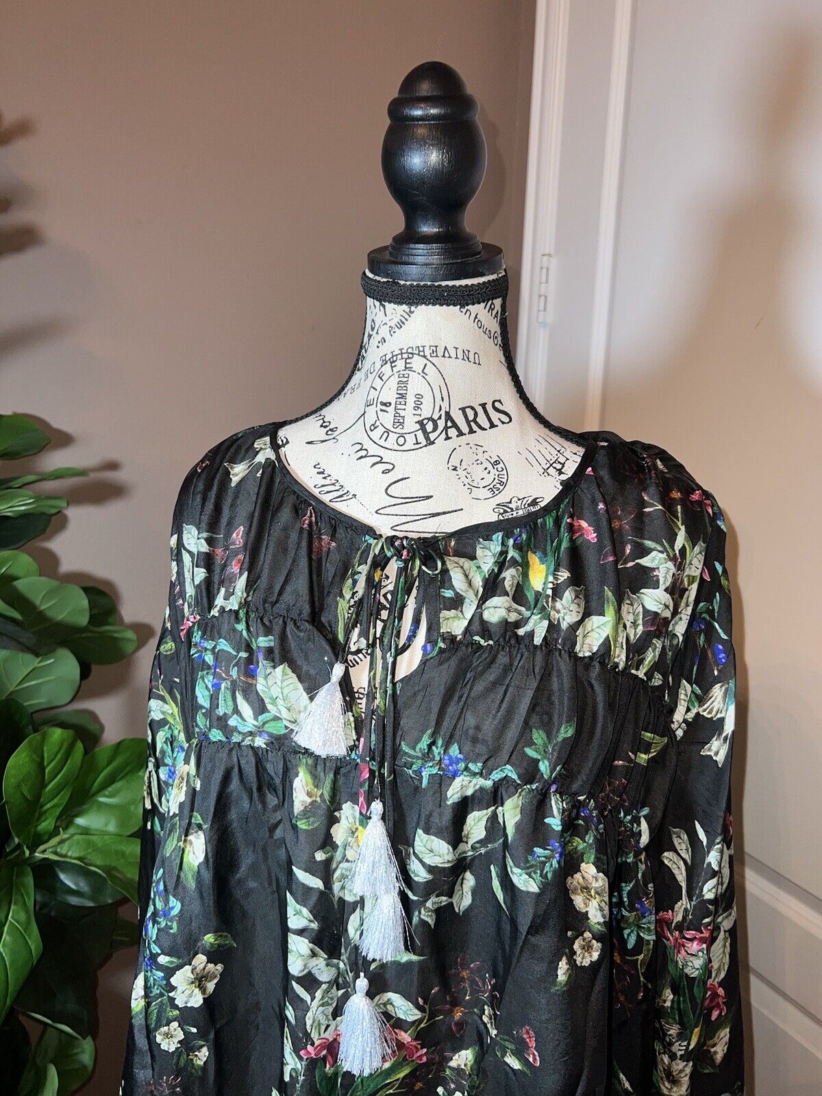 Johnny Was 100% Silk Black Floral Tunic Top Kimono 2X 2XL XXL  Butterfly