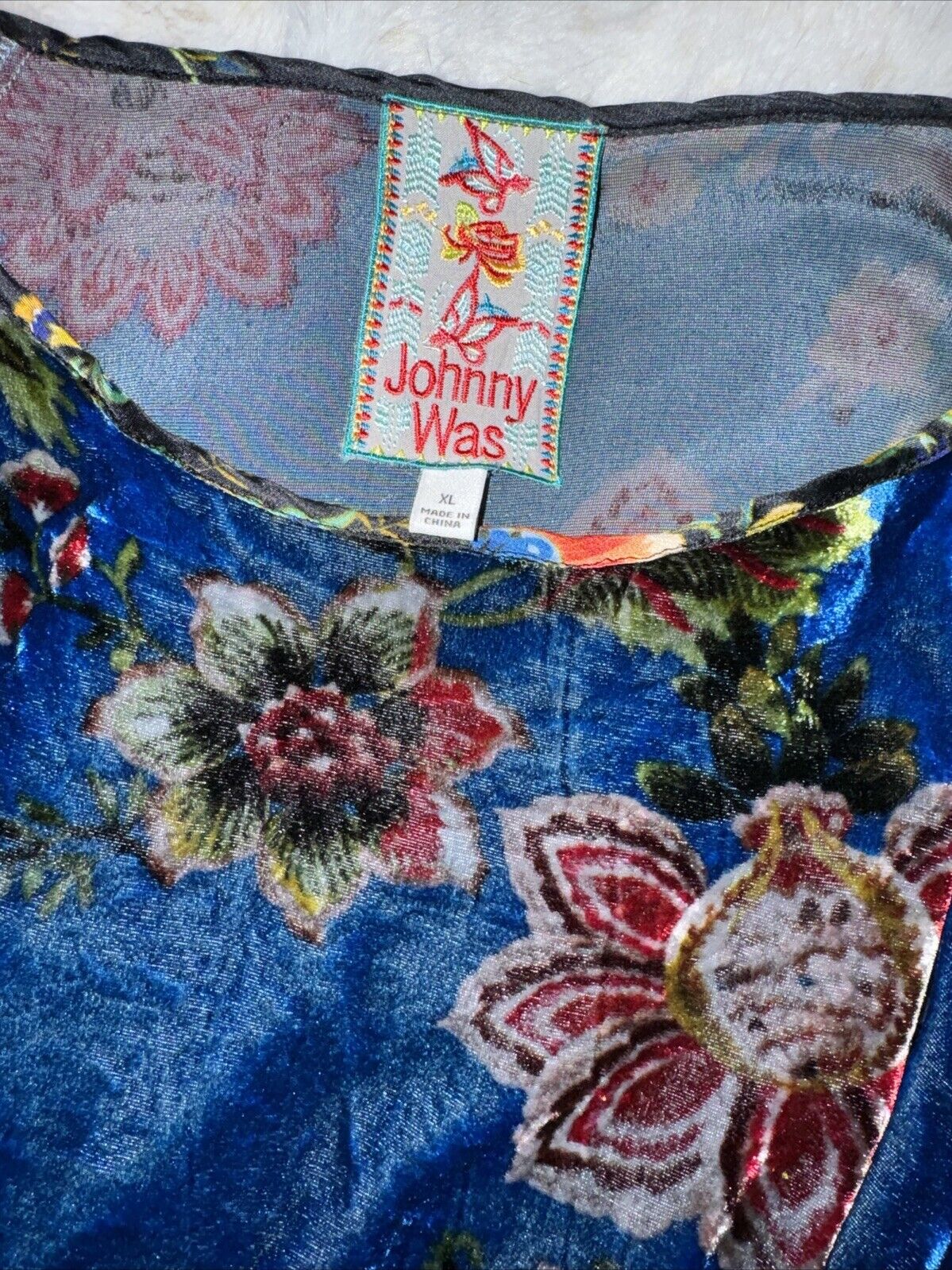 Johnny Was XL Blue Velvet Tunic Top Floral Long Sleeve Blouse Shirt Mini Dress