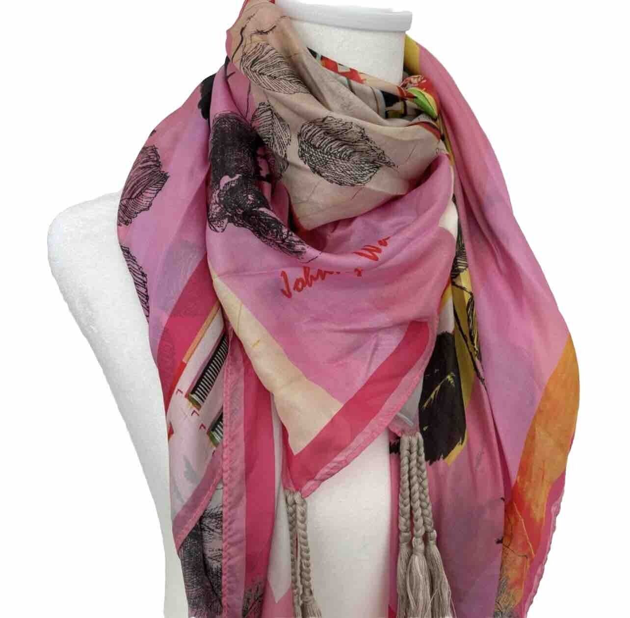 Johnny Was 100% Silk Scarf w/ Tassels Beautiful Pink City Scene 43” X 43”