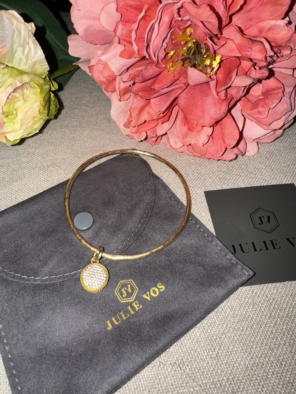 Julie Vos Pave Charm CZ Bangle Bracelet Sz L Large Reversible Fleur de lis Julie Vos