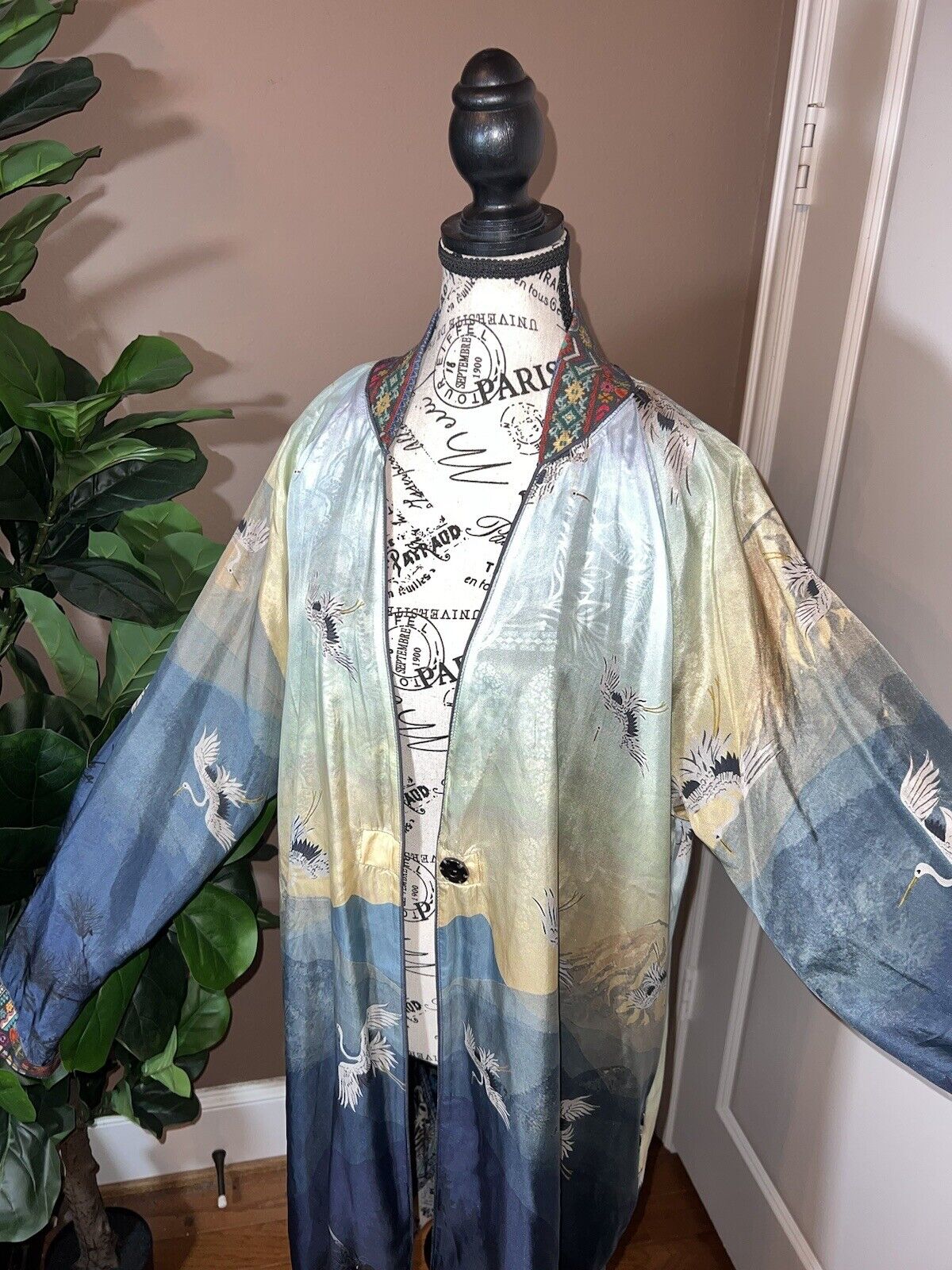 Johnny Was L Large 100% Silk Long Kimono Wrap REVERSIBLE Duster Coat  CRANES