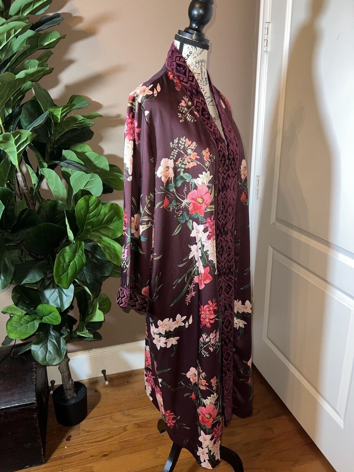 Johnny Was Silk Lined Long Kimono Duster Wrap XL 1X 1XL Velvet Trim Pockets