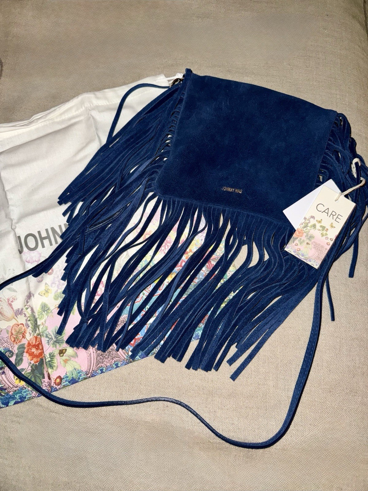 Johnny Was Blue Suede Leather & Fringe Crossbody Bag Purse Shoulder Tote Johnny Was