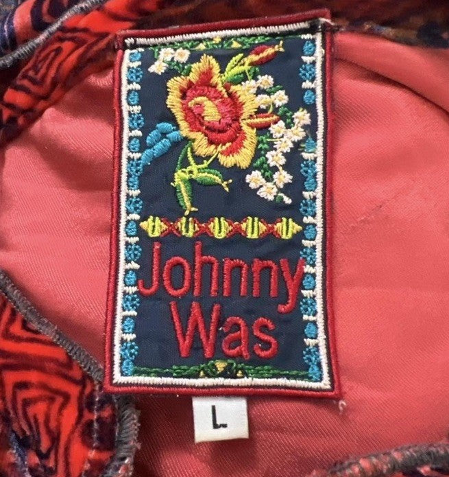 Johnny Was L Large Red & Black Velvet Button Up Shirt Blouse Top Long Sleeve Geo Johnny Was
