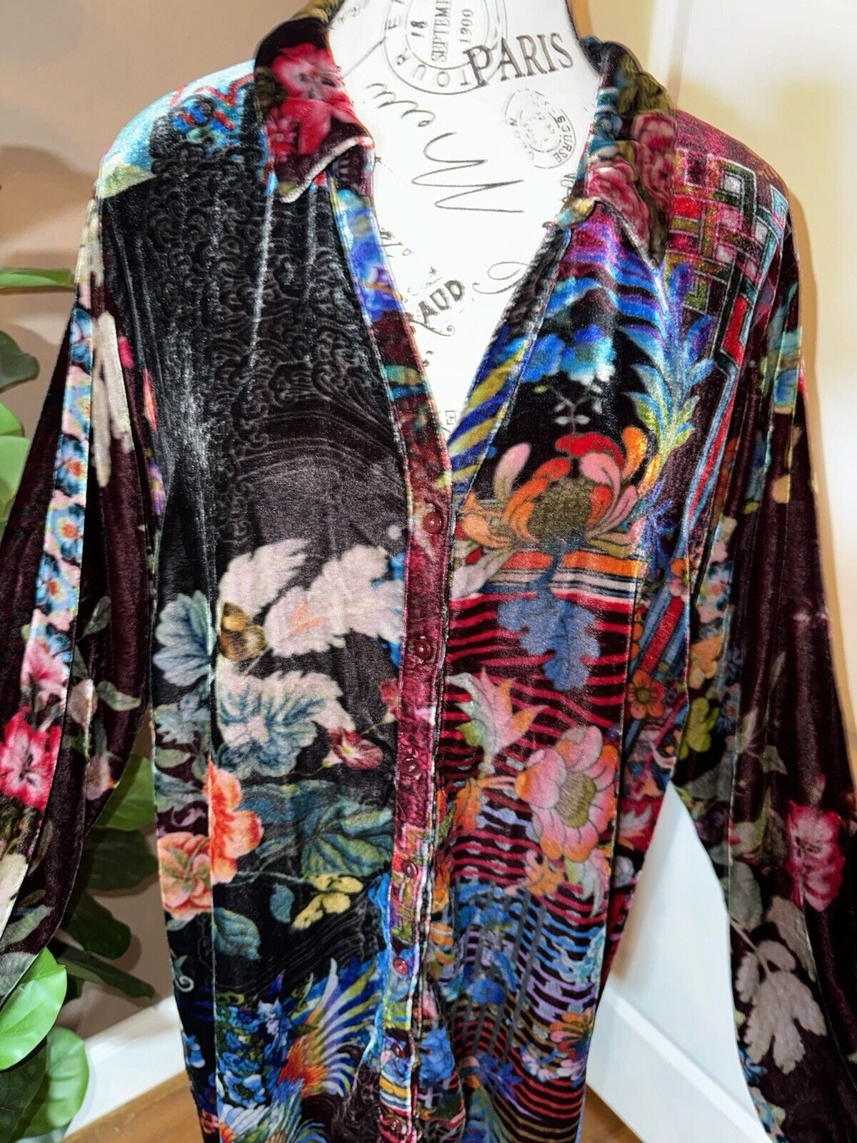 Johnny Was 1X Velvet Jewel Tone Kimono Long Sleeve Button Up Shirt Top