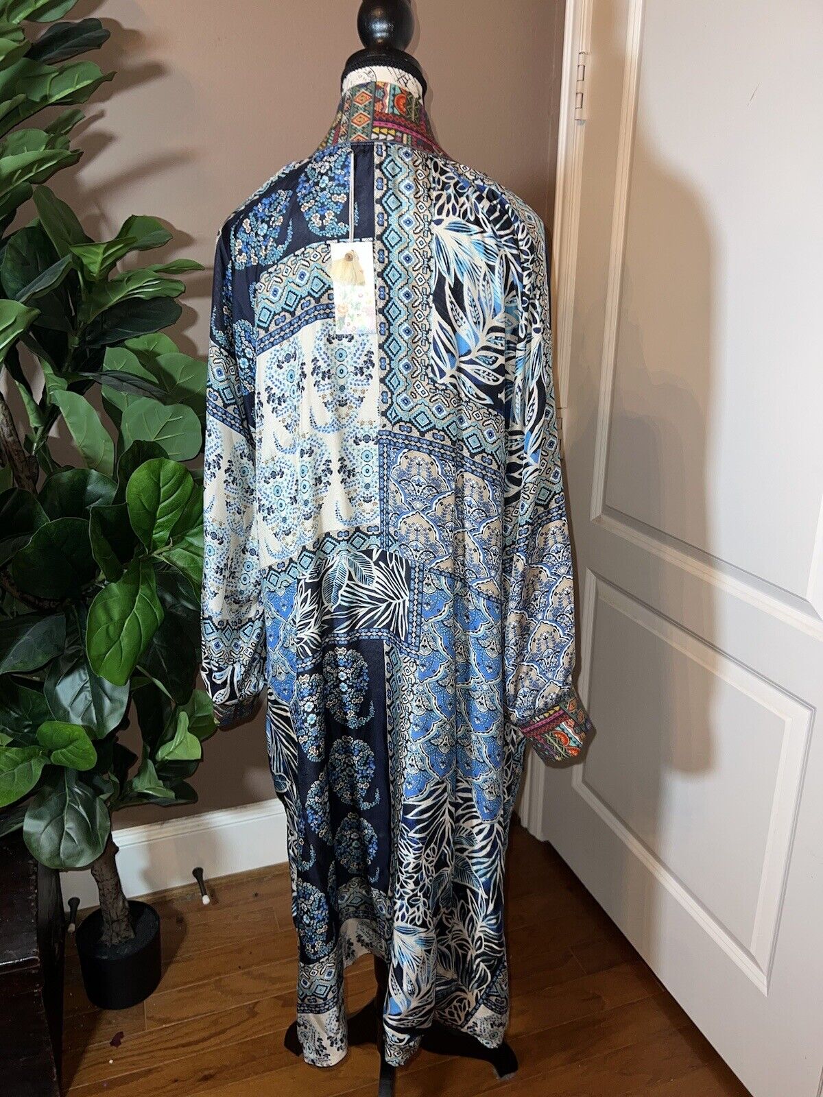 Johnny Was L Large 100% Silk Long Kimono Wrap REVERSIBLE Duster Coat  CRANES