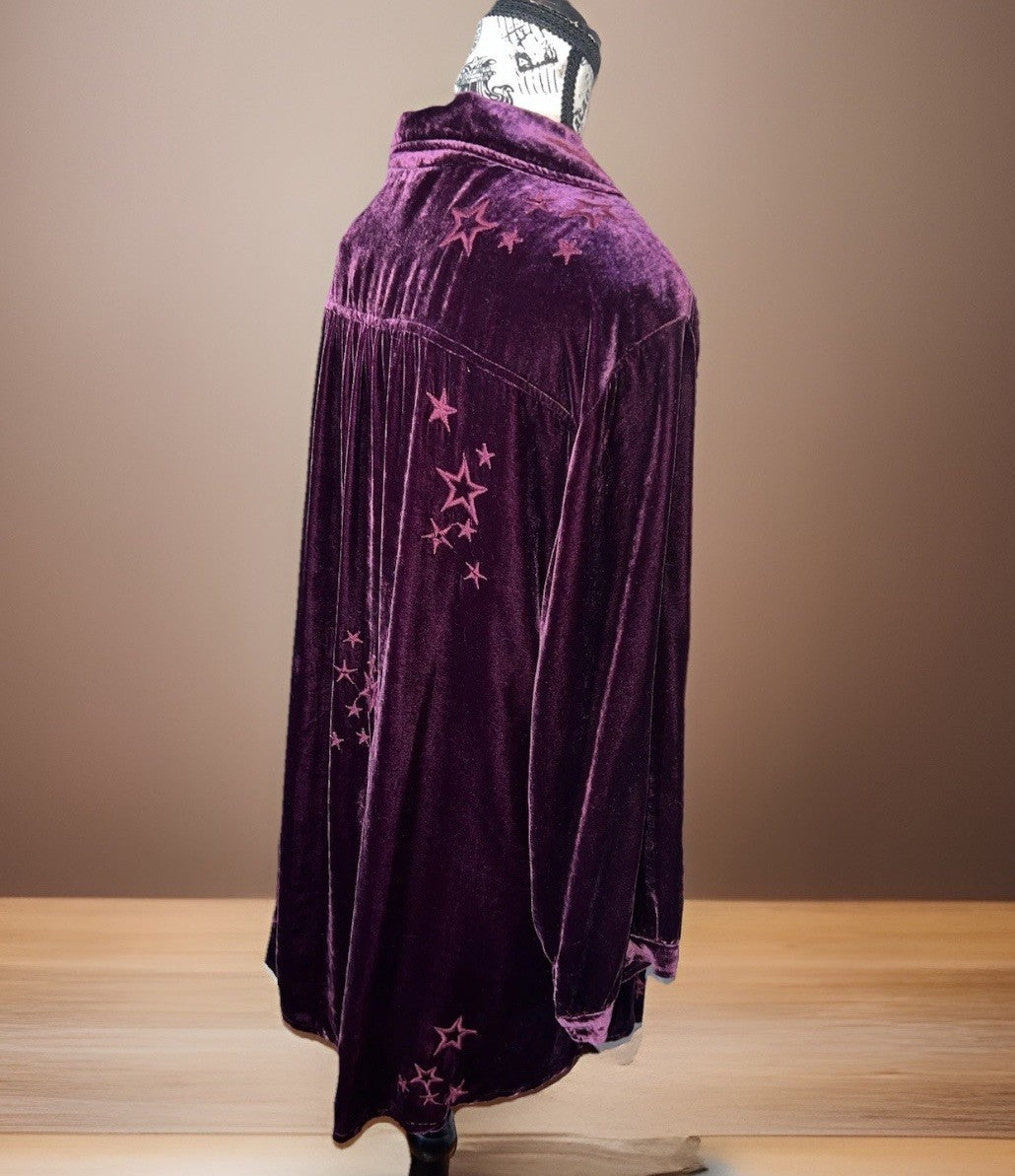 Johnny Was 1X Burgundy Wine Velvet Embroidered Shirt Tunic Top Button Up Johnny Was