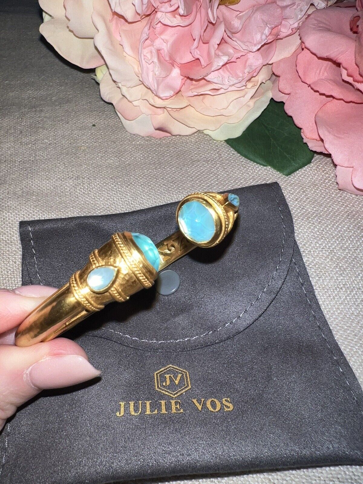 NEW Julie Vos Iridescent Bahamian Blue Hinged Bangle Cuff Bracelet 24k Plate NWT