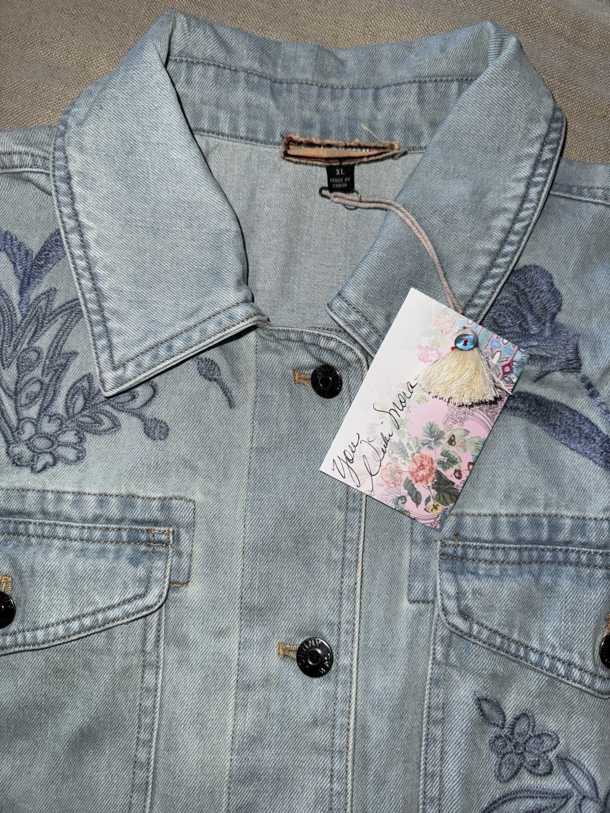 Johnny Was XL Denim Jacket Shacket Coat Embroidered Blue Light Wash Johnny Was