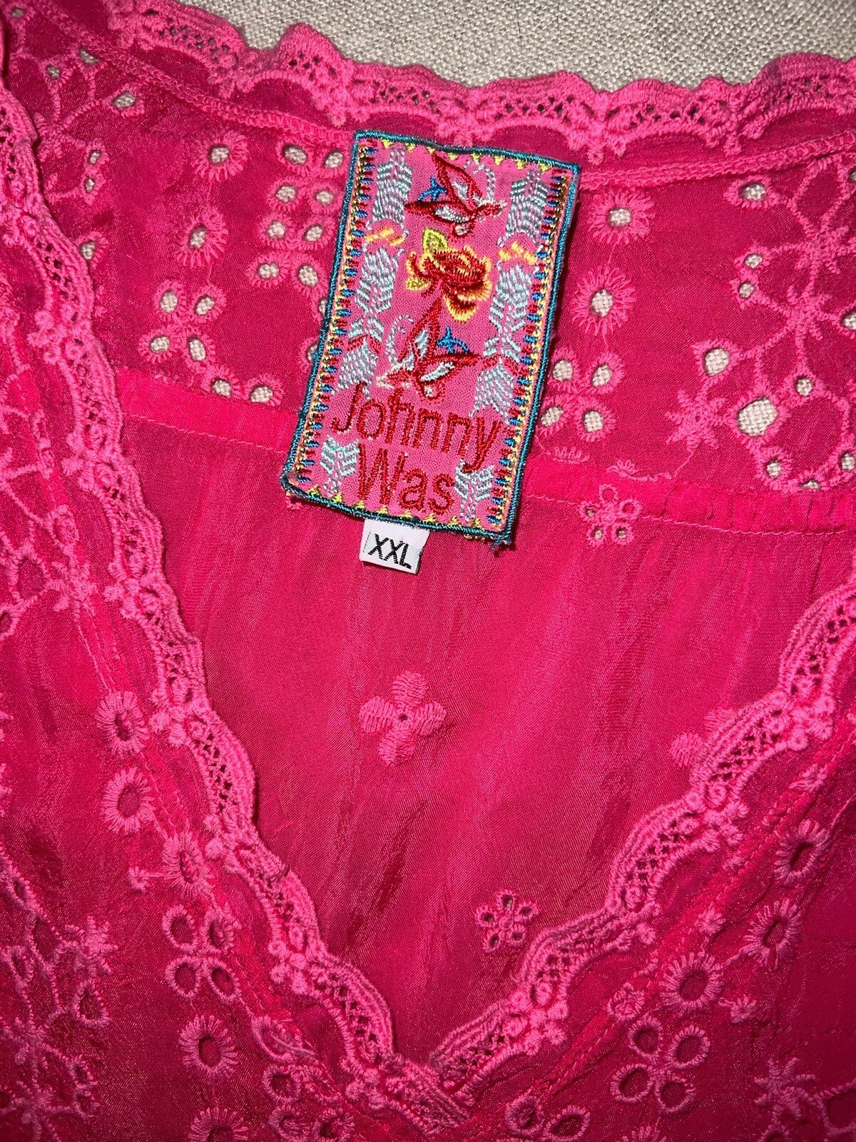 JOHNNY WAS XXL Hot Pink Tunic Top Eyelet Lace Blouse BOHO Shirt Lightweight Cool Johnny Was