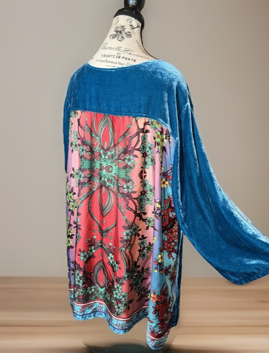 2 pc Johnny Was Large Teal Blue Velvet & Silk Tunic Top FREE Matching Undershirt Johnny Was