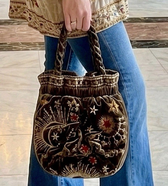 Johnny Was Brown Velvet Bucket Bag Purse Tote Embroidered Celestial Johnny Was