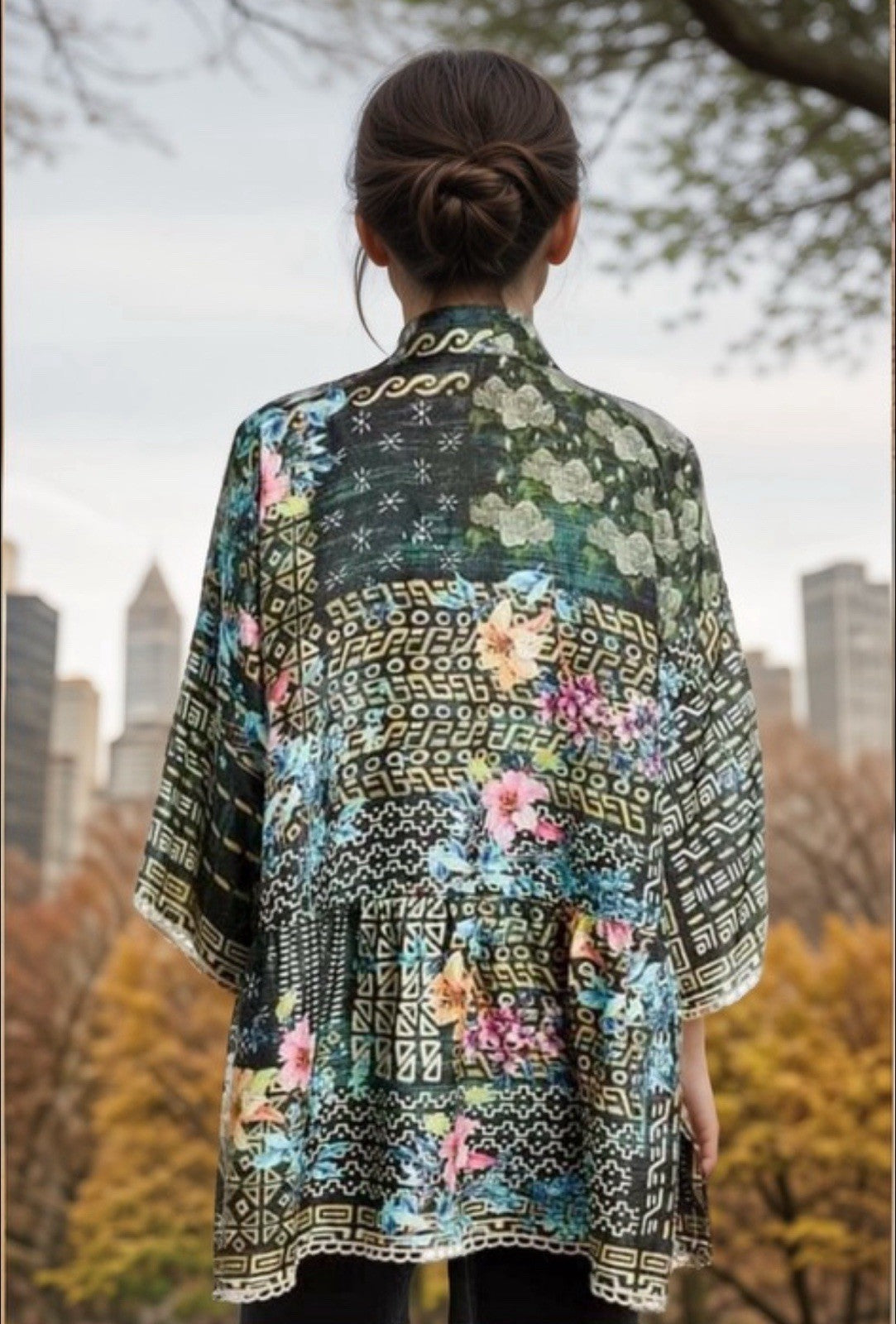 Johnny Was 100% Silk Kimono Sz M Tunic Top Black Floral Wrap Johnny Was