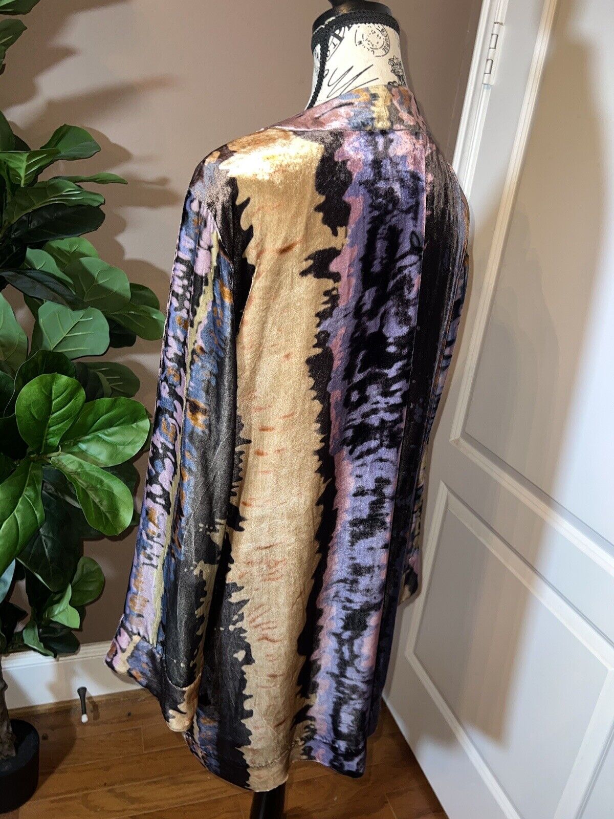 Johnny Was Velvet Silk Lined Kimono Wrap Sz L Large Purple Blue Gold Watercolors