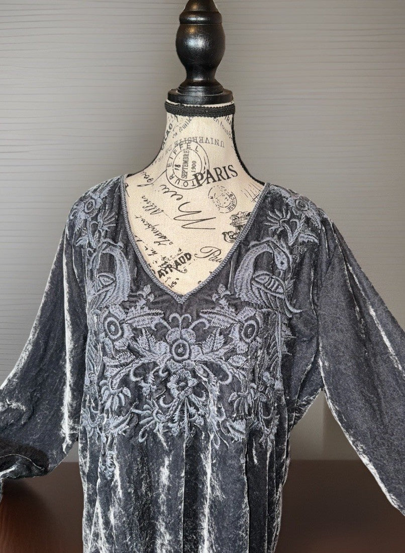 Johnny Was L Steel Grey Velvet Mini Dress Or Tunic Top BOHO Tonal Embroidery Johnny Was