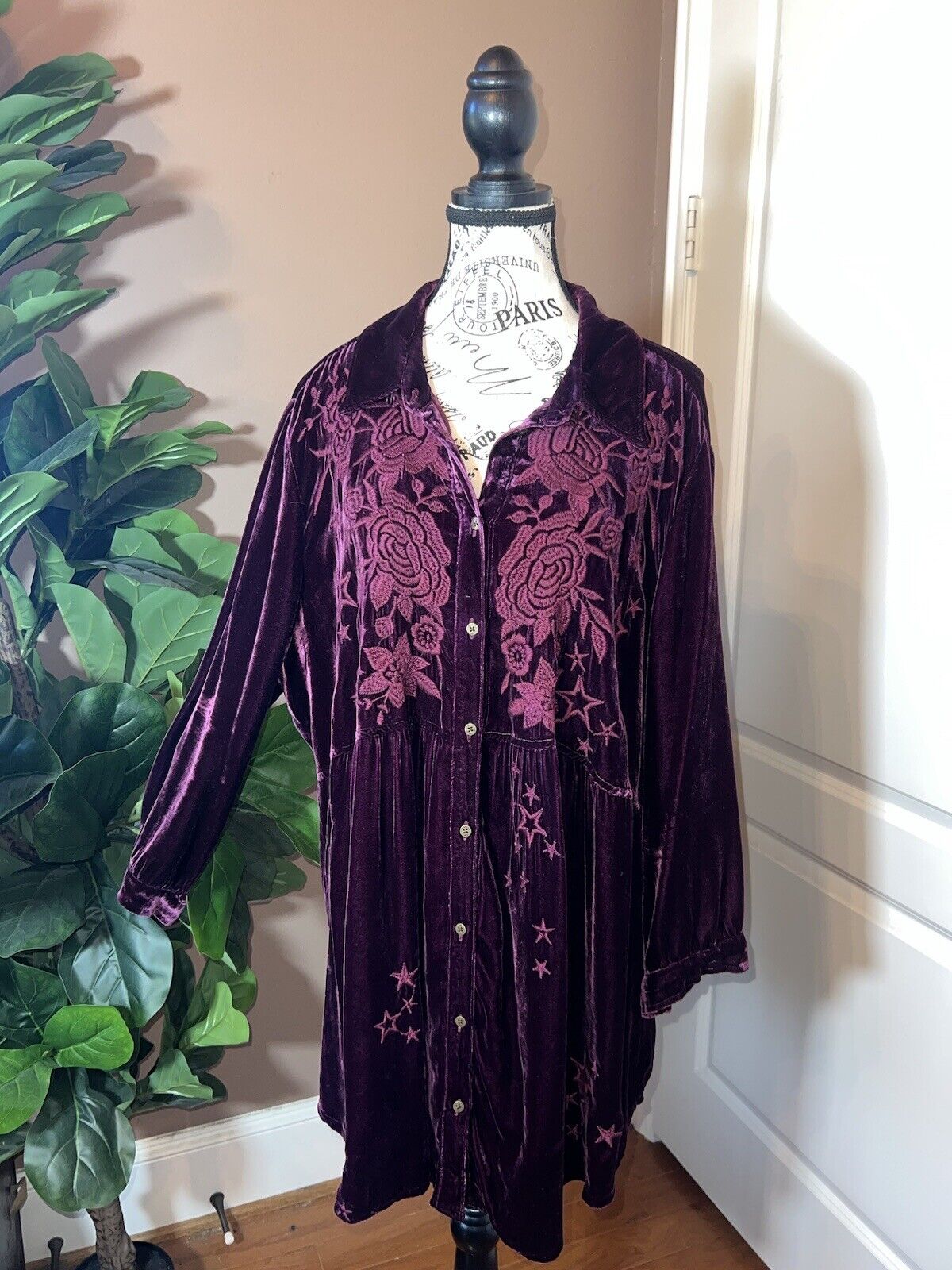 Johnny Was Burgandy Wine Velvet & Embroidered Tunic Top Kimono XL 1X